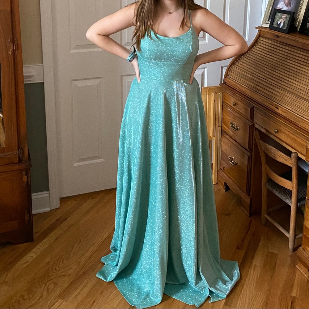 sparkly teal prom dress